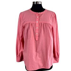 Loft Peach Terracotta Swiss Dot Popover Blouse Large Partial Button Long Sleeves